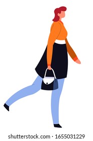 Woman in overcoat holding handbag accessory standing. Profile view of female character wearing colorful coat going with purse symbol isolated on white. Fashion person in casual clothes vector