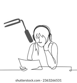 woman with over-ear headphones and professional microphone reads sheet of paper while sitting at table - one line art vector. concept to record podcast, live radio presenter, dubbing or voice-over
