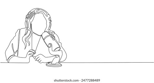 woman with over-ear headphones and professional microphone reads sheet of paper while sitting at table - one line art vector. concept to record podcast, live radio presenter