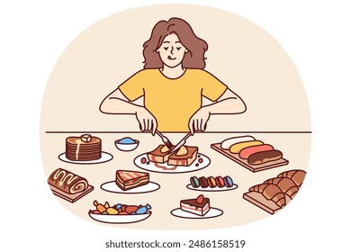 Woman overeats desserts sitting at table with sweet high-calorie food tasting cakes and croissants, forgetting about diet. Girl eats desserts during cheat meal without fear of gaining weight