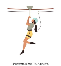 Woman overgoing zipline part of rope park attraction, flat vector illustration isolated on white background. Rope park extreme sport and entertaining activity.