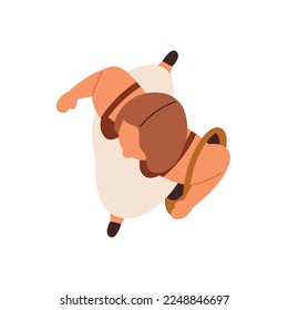 Woman overhead, above top view. Female character going, walking outdoors with shoulder bag. Young girl, citizen in motion, action in summer skirt. Flat vector illustration isolated on white background