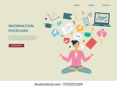 Woman overload of stressed information sitting in lotus pose stay calm. Concept of overloading by breaking news and internet data about covid-19 and global financial crisis. Vector