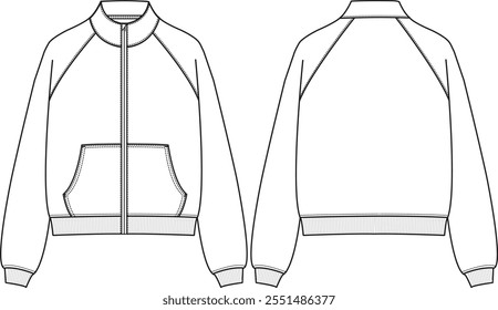 Woman Oversized mock neck full zip fleece jacket, shorter length,  with raglan sleeves, kangaroo pocket, ribbed cuff and hem, sketch front and back