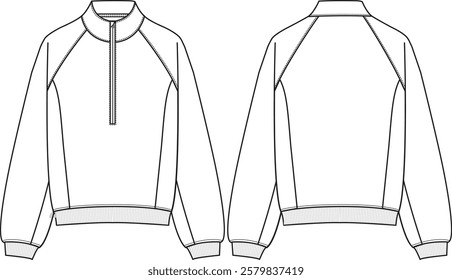 Woman Oversized mockneck half zip fleece sweater with raglan sleeves, side panels, ribbed cuff and hem, sketch front and back