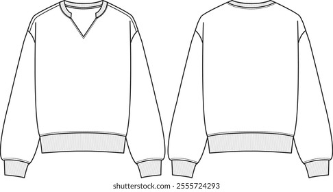 Woman oversized notch neckline v-neck sweatshirt, drop shoulder, ribbed cuff and body, and rib neck, sketch front and back