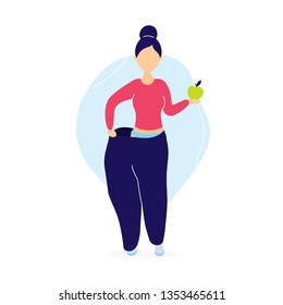 Woman in oversized pants with apple. Weight loss concept. Flat modern trendy style.Vector illustration character icon. Isolated of white background. 
