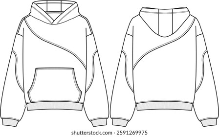 Woman Oversized pull-over fleece hoodie with curved seams and drop shoulders, long sleeves, ribbed cuffs and hem, kangaroo pockets, bubble silhouette, sketch front and back, vectors