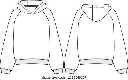 Woman Oversized Raglan Pull-over fleece hoodie, long sleeves, ribbed cuffs and ribbed hem, bubble silhouette, sketch front and back, vectors