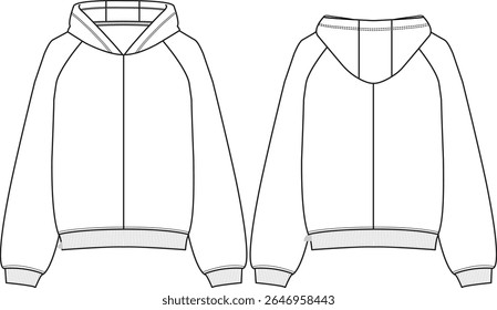Mulher Raglan Enorme Puxe-over capuz de velo com corte no corpo médio, mangas longas, punhos com nervuras e bainha com nervuras, silhueta de bolha, esboço frente e atrás, vetores
