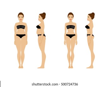 Woman with overweight and slender woman. Before and after. Diet and fitness. Healthy lifestyle