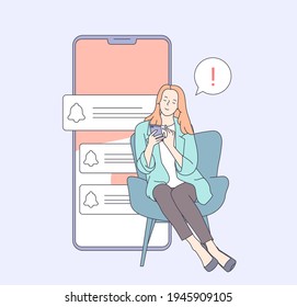 Woman overwhelmed by internet notifications concept. Woman planning day scheduling appointment in phone application. Flat vector illustration.