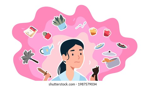 Woman Overwhelmed By Work And Housework Chores. Busy Housewife Stress Concept. House Wife Stressed By The Pressure Of Daily Routine. Flat Vector Worried Female Character Illustration