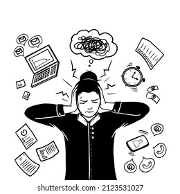 Woman overwhelmed, too many chores, goals. Information, multitask and data overload concept. Female person mental health concept. Silhouette design styles vector illustration