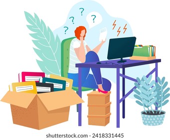 Woman overwhelmed with work, stress at cluttered desk, boxes of books, confusion and deadlines. Office chaos, workload and tired employee vector illustration.