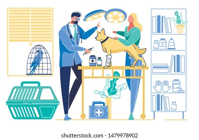 Woman Owner Bring Dog with Broken Paw at Veterinary Clinic for Treatment. Veterinarian Doctor Put Injection to Animal in Cabinet with Medical Equipment, Health Care. Cartoon Flat Vector Illustration svg