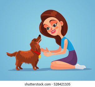 Woman owner character play with her dog pet. Vector flat cartoon illustration
