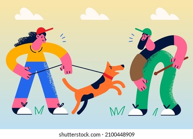 Woman owner with dog have training with specialist outdoors. Girl at class with puppy learn commands with canine handler. Domestic animal or pet lessons. Flat vector illustration. 