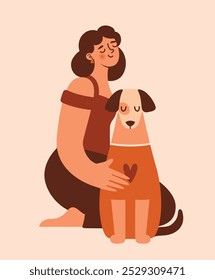 Mulher dona de cachorro sentado e abraçando este cachorro bonito. Preocupe-se com o animal de estimação. Adote, não compre. Ilustração ingênua com pessoa feminina e animal doméstico. Cartoon clip art para cartão, banner, adesivo.