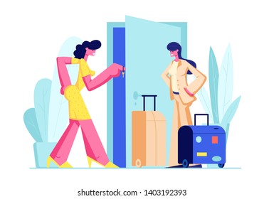 Woman Owner Giving Key from Home to Female Guest with Baggage. Happy Young Woman Traveler Going to Rent Apartment for Leisure. Travel, Tourist Rent Flat for Vacation. Cartoon Flat Vector Illustration