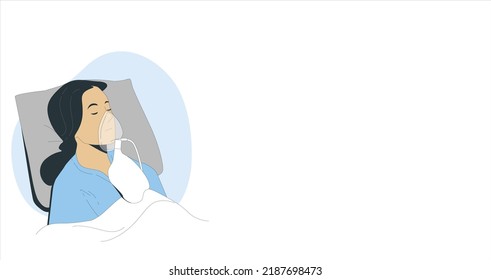 Woman with oxygen mask lying in a hospital bed at night, medicine and healthcare concept. Young patient alone in bed. Sleeping in hospital bed. Oxygen mask on her face.