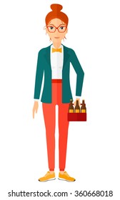 Woman with pack of beer.