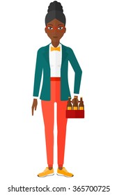Woman with pack of beer.