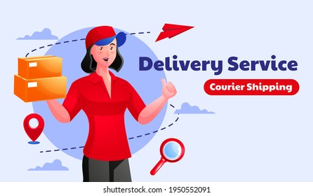 Woman package delivery courier,  holding package parcel box