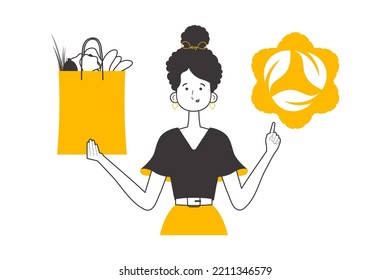Woman, package with products and eco logo. The concept of reasonable consumption. Lineart trendy style. Isolated on white background. Vector illustration.