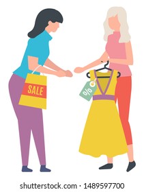 Woman with package sale, seller holding hanger with dress and discount sticker. People shopping, sale old collection, promotion or trade, retail. Vector illustration in flat cartoon style