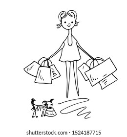Woman with packages and shopping. Line drawing. Vector illustration.