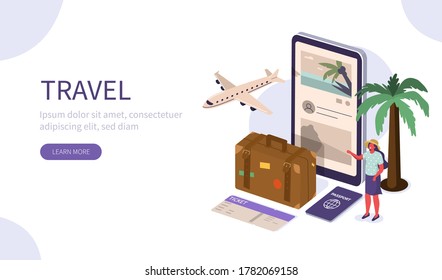 Woman with Packed Luggage Booking Hotels and Buying Flying Tickets in Mobile App. Travel and Summer Vacation Concept. Flat Isometric Vector Illustration.