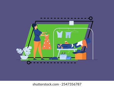 Woman packing bag for travel. Girl preparing her luggage for vacation flat vector illustration. Vacation concept for banner, website design or landing web page