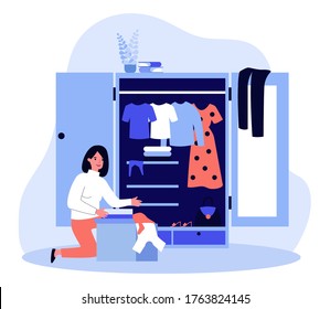 Woman packing box with clothes at her wardrobe. Donation, storage, closet flat vector illustration. Charity, volunteer, recycling concept for banner, website design or landing web page