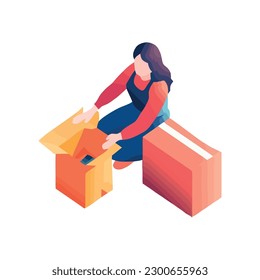 woman packing boxes with happiness icon isolated