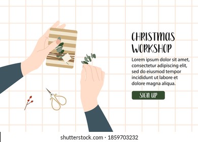 Woman packing a christmas gift, holiday workshop. Eco decoration. Presents in kraft paper. Rustic gift box. Xmas and New Year celebration preparation. Vector flat cartoon style, horizontal flyer