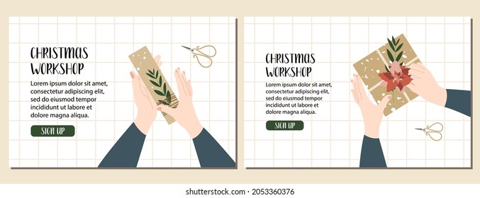 Woman packing a christmas gift, holiday workshop. Eco decoration. Presents in kraft paper. Rustic gift box. Xmas and New Year celebration preparation. Vector flat cartoon style, horizontal flyer