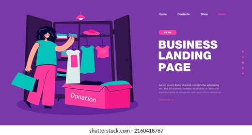 Woman packing clothes to donation box. Girl volunteer donating used dress for poor people flat vector illustration. Philanthropy, charity concept for banner, website design or landing web page