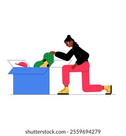 Woman Packing Clothes Into A Box In Flat Vector Illustration Symbolizing Moving, Decluttering, Or Organizing, Isolated On White Background.