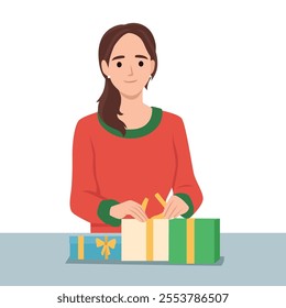 Woman packing a holiday gift, gift in hands, wrapping a Christmas gift box. Flat vector illustration isolated on white background