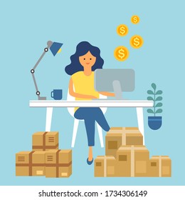 A woman packing order for shipping to customer. She earn money from selling products via online store. Making money by online business concept vector illustration. Drop ship order company.