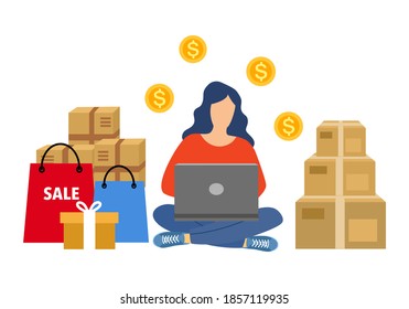 A woman packing order for shipping to customer. She earn money from selling products via online store. Making money by online business concept vector illustration. Drop ship company. Startup owner.