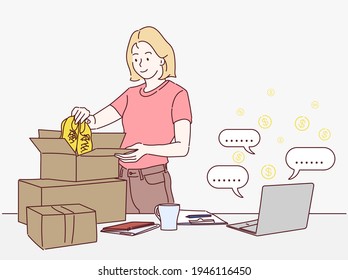 Woman packing shoes in box. Shopping online concept. Hand drawn in thin line style, vector illustrations. 