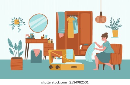 Woman packing suitcase in her room. Open wardrobe with clothes, dressing table and suitcase with things in women's room. Woman preparing for trip. Flat vector illustration.