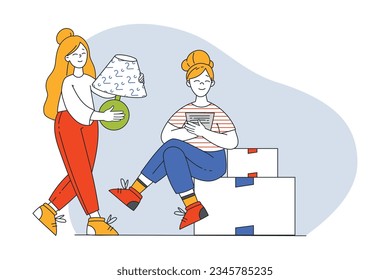 Woman Packing Things in Cardboard Box During Relocation Vector Illustration