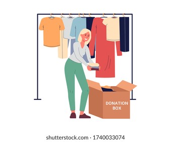 Woman packing used clothing into donation box, flat vector illustration isolated on white background. Charity share and volunteer help to needing poor people.