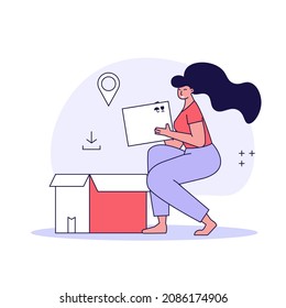 Woman packs boxes, helps with the move. Moving service in new house or apartment. Delivery truck with cardboard boxes for home stuff. Movers moving in new home. Vector illustration for Web Design