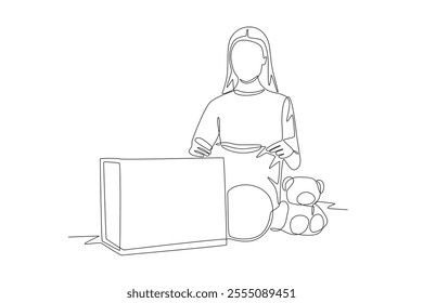 Woman packs toys for donation. Organizing toy drives concept one-line drawing