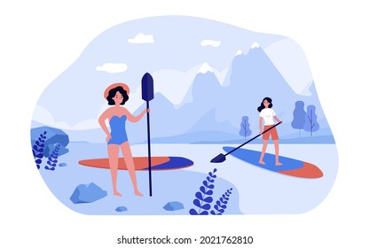 Woman paddle boarding on lake in mountains. Female character in swimsuit standing on shore with paddle flat vector illustration. Outdoor activity, sports concept for website design or landing web page