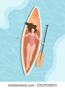 A woman with a paddle lies on a kayak on the sea. The concept of active recreation. Illustration, poster, vector